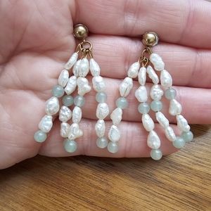 Aventurine & Fresh Water Pearl Dangle Bead Pierced Earrings